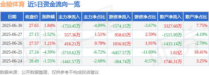 股票行情快报：金陵体育（300651）6月30日主力资金净卖出175345万元(图1)