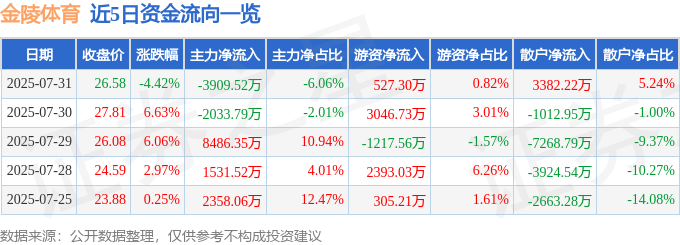金陵体育（300651）7月31日主力资金净卖出390952万元(图1)
