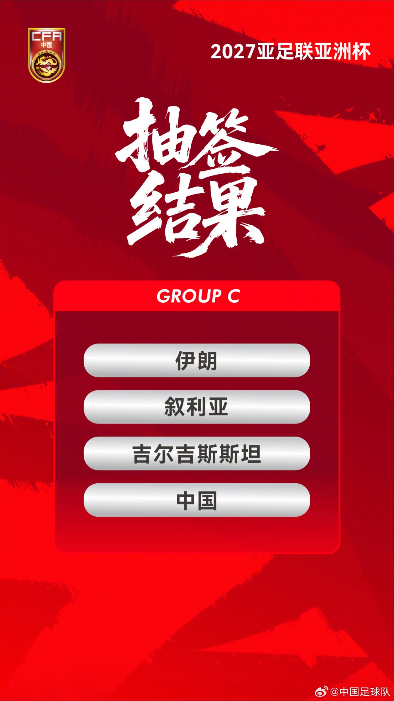 2027亚洲杯抽签分组：国足与伊朗、叙利亚、吉尔吉斯斯坦同组(图1)